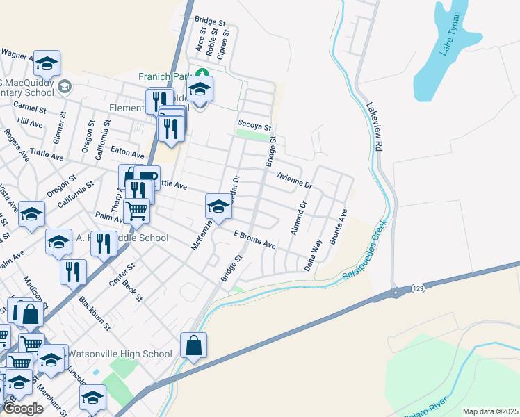 map of restaurants, bars, coffee shops, grocery stores, and more near 498 Spruce Circle in Watsonville