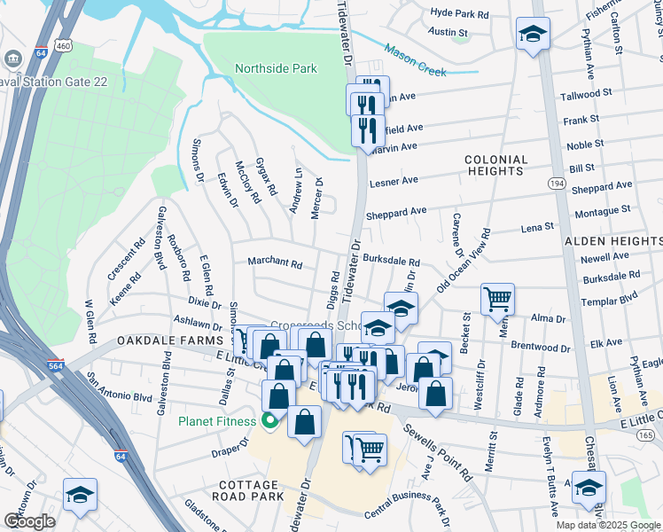 map of restaurants, bars, coffee shops, grocery stores, and more near 8121 Diggs Road in Norfolk