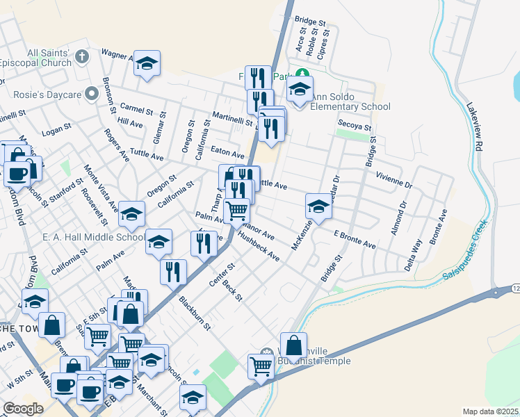 map of restaurants, bars, coffee shops, grocery stores, and more near 149 Brentwood Drive in Watsonville