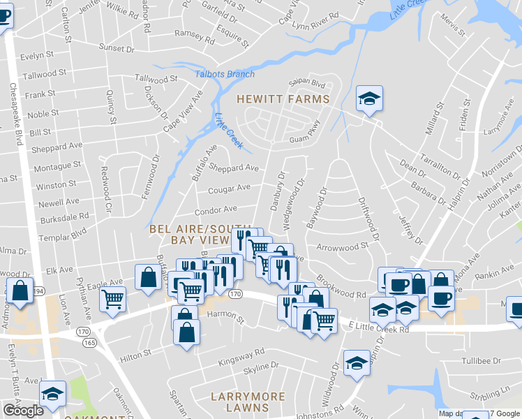 map of restaurants, bars, coffee shops, grocery stores, and more near 8050 Meadow Creek Road in Norfolk