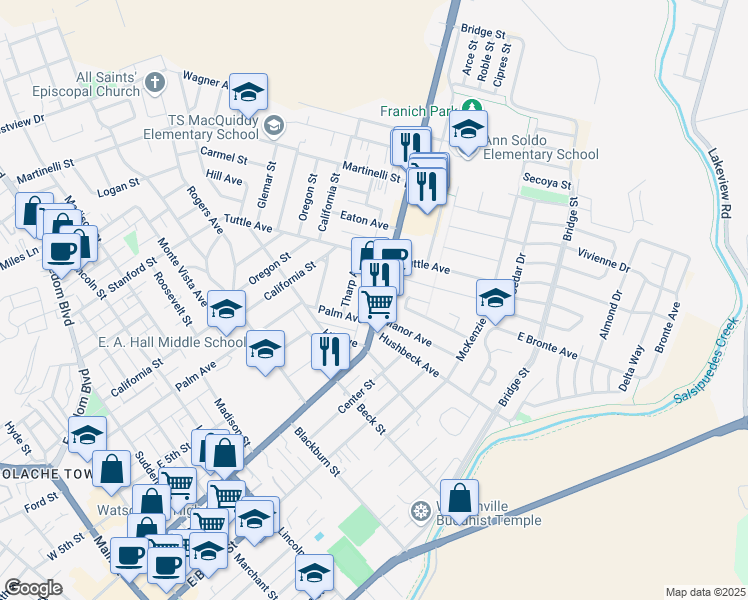 map of restaurants, bars, coffee shops, grocery stores, and more near 717 California 152 in Watsonville
