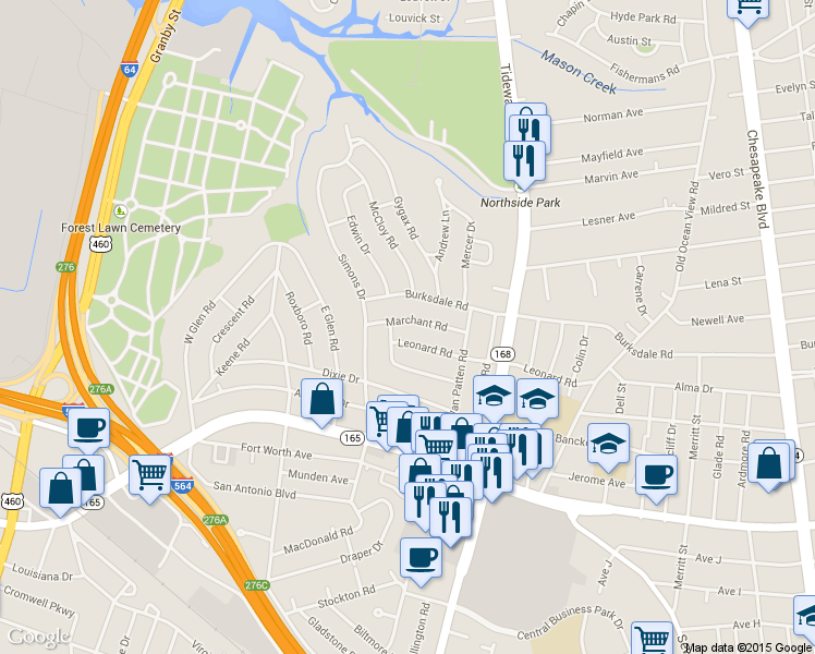 map of restaurants, bars, coffee shops, grocery stores, and more near 527 Marchant Road in Norfolk