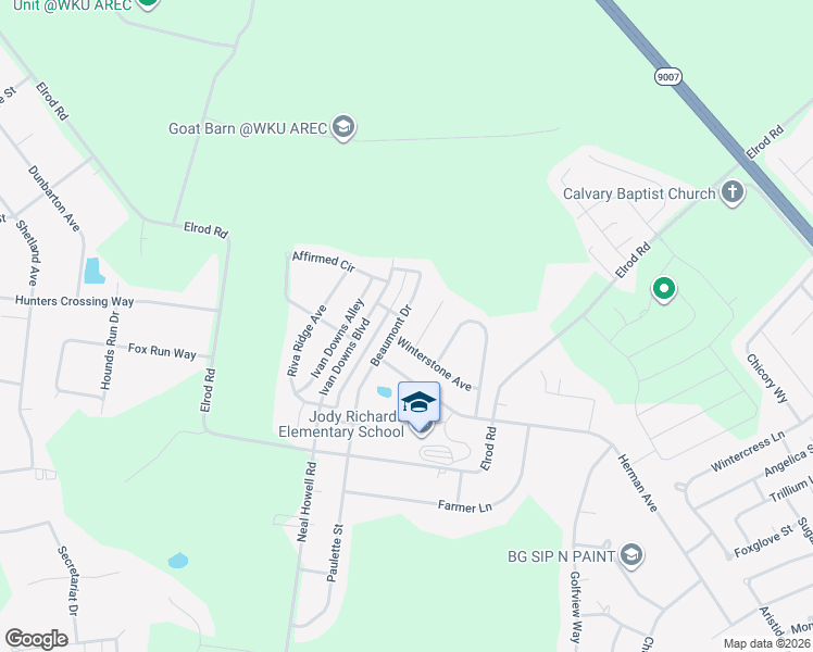 map of restaurants, bars, coffee shops, grocery stores, and more near 1260 Beaumont Drive in Bowling Green