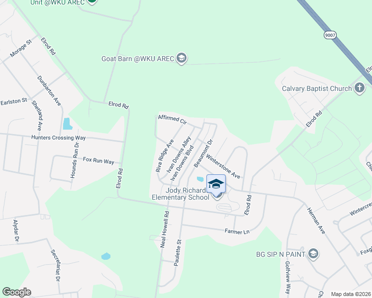 map of restaurants, bars, coffee shops, grocery stores, and more near 1395 Ivan Downs Boulevard in Bowling Green