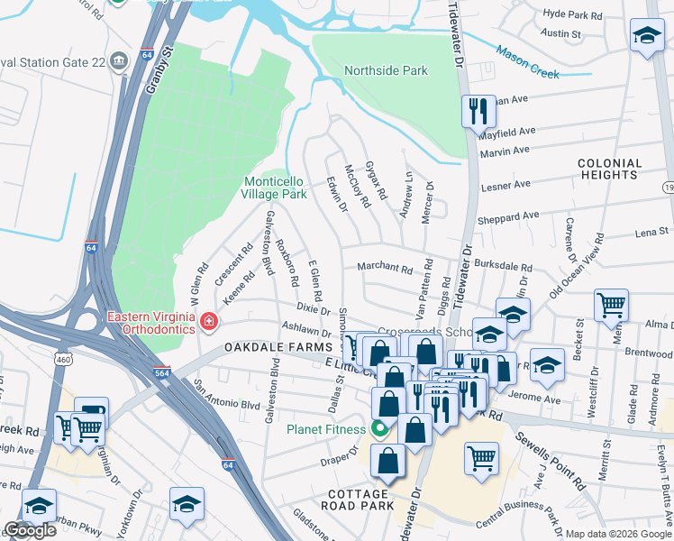 map of restaurants, bars, coffee shops, grocery stores, and more near 8108 Simons Drive in Norfolk