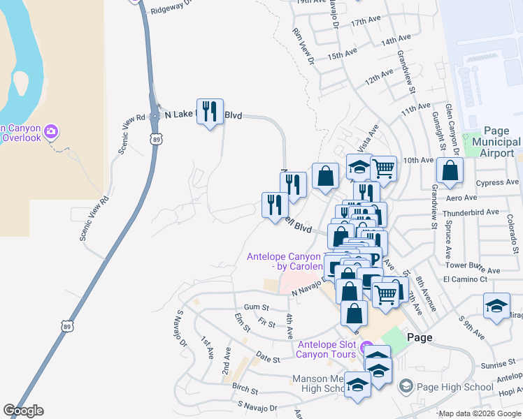 map of restaurants, bars, coffee shops, grocery stores, and more near 304 Eagle Drive in Page