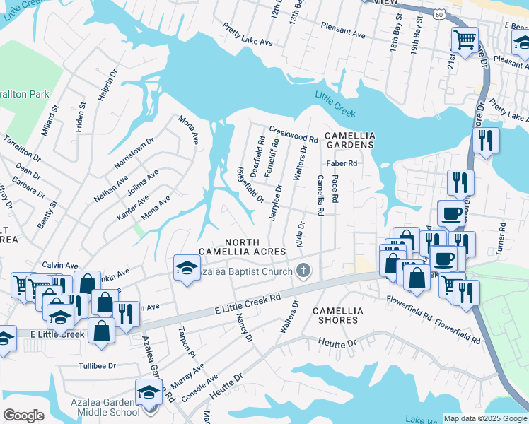 map of restaurants, bars, coffee shops, grocery stores, and more near 8041 Jerrylee Court in Norfolk