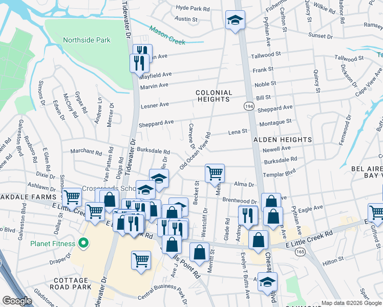 map of restaurants, bars, coffee shops, grocery stores, and more near 8215 Old Ocean View Road in Norfolk