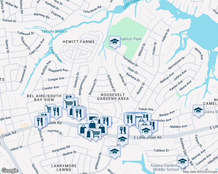 map of restaurants, bars, coffee shops, grocery stores, and more near 1847 Dellwood Dr in Norfolk