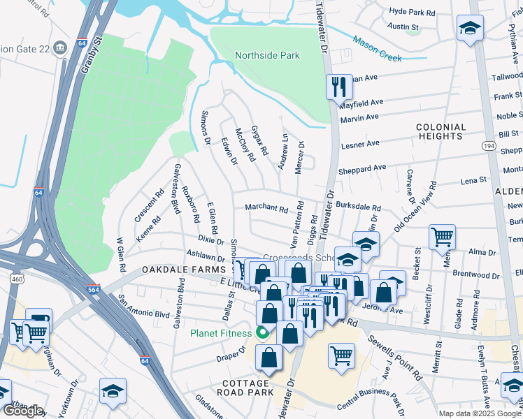 map of restaurants, bars, coffee shops, grocery stores, and more near 527 Marchant Road in Norfolk