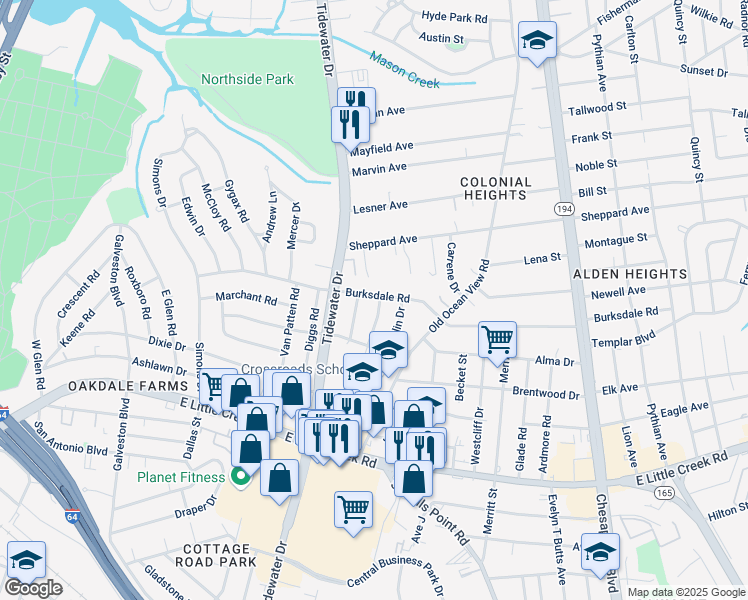 map of restaurants, bars, coffee shops, grocery stores, and more near 8141 Foxdale Drive in Norfolk