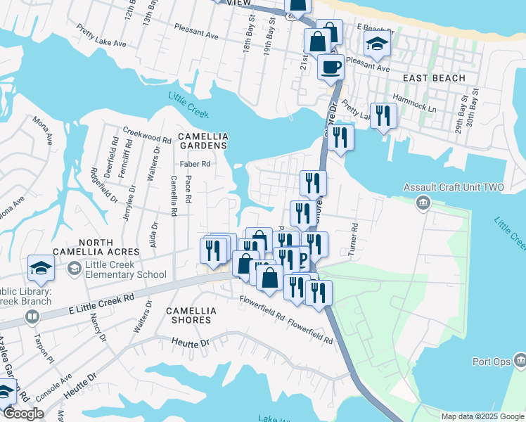 map of restaurants, bars, coffee shops, grocery stores, and more near 8036 Thompson Road in Norfolk