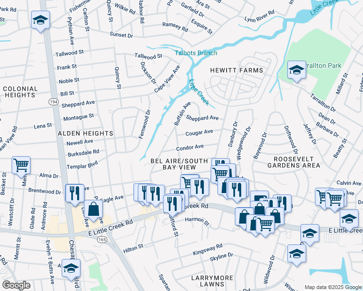 map of restaurants, bars, coffee shops, grocery stores, and more near 8062 Bison Avenue in Norfolk