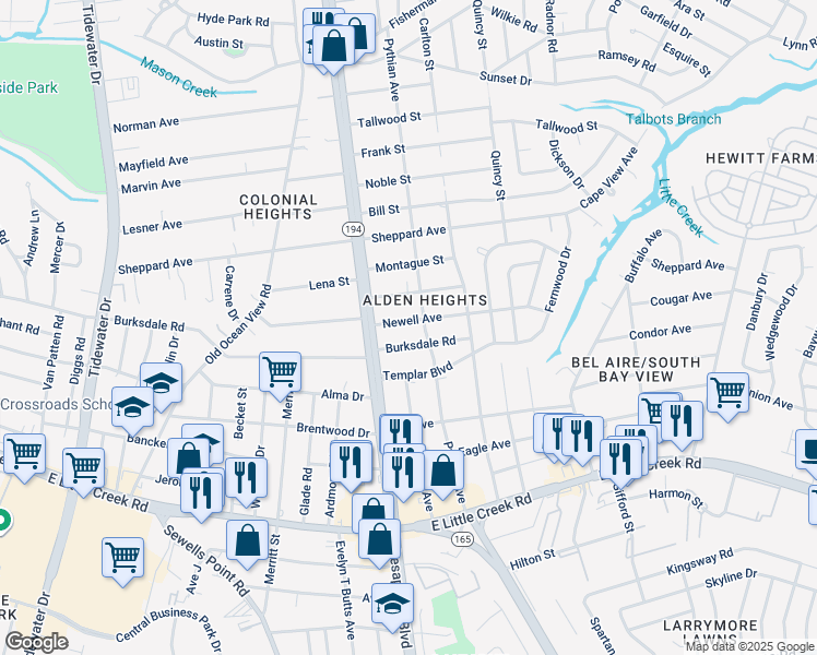 map of restaurants, bars, coffee shops, grocery stores, and more near 1131 Newell Avenue in Norfolk