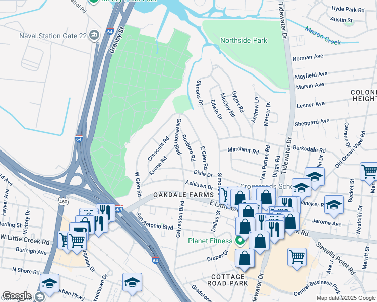 map of restaurants, bars, coffee shops, grocery stores, and more near 8015 Roxboro Road in Norfolk