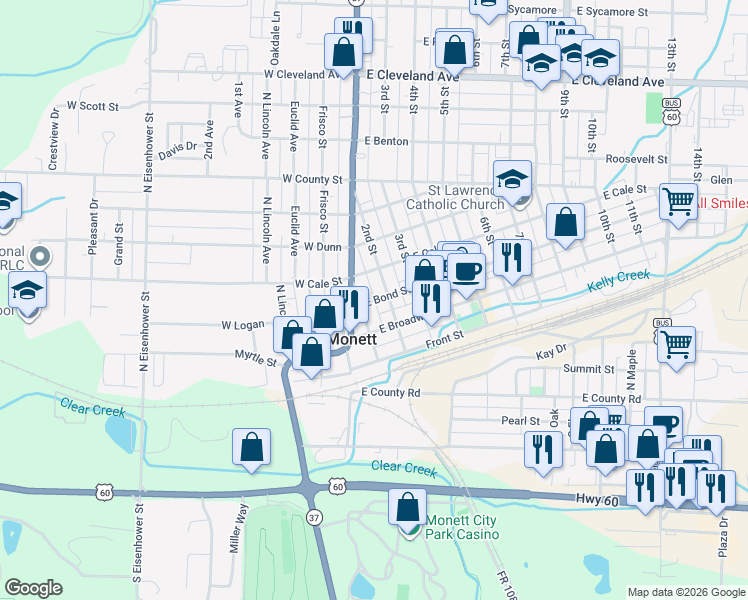 map of restaurants, bars, coffee shops, grocery stores, and more near 150 East Bond Street in Monett