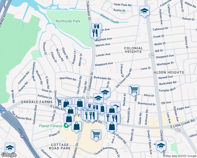 map of restaurants, bars, coffee shops, grocery stores, and more near 8141 Foxdale Drive in Norfolk