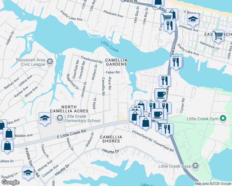 map of restaurants, bars, coffee shops, grocery stores, and more near 8100 Pace Road in Norfolk