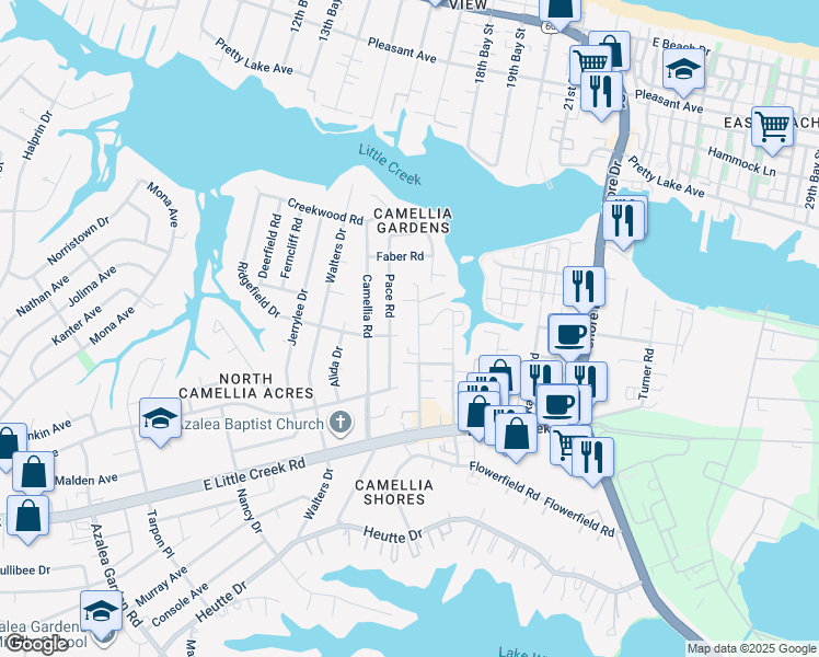 map of restaurants, bars, coffee shops, grocery stores, and more near 8100 Pace Road in Norfolk
