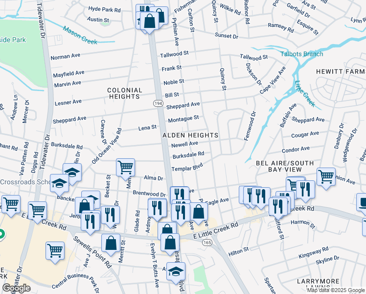map of restaurants, bars, coffee shops, grocery stores, and more near 1131 Newell Avenue in Norfolk