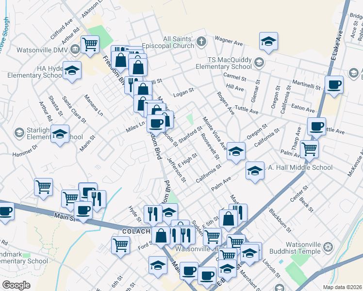 map of restaurants, bars, coffee shops, grocery stores, and more near 106 Stanford Street in Watsonville