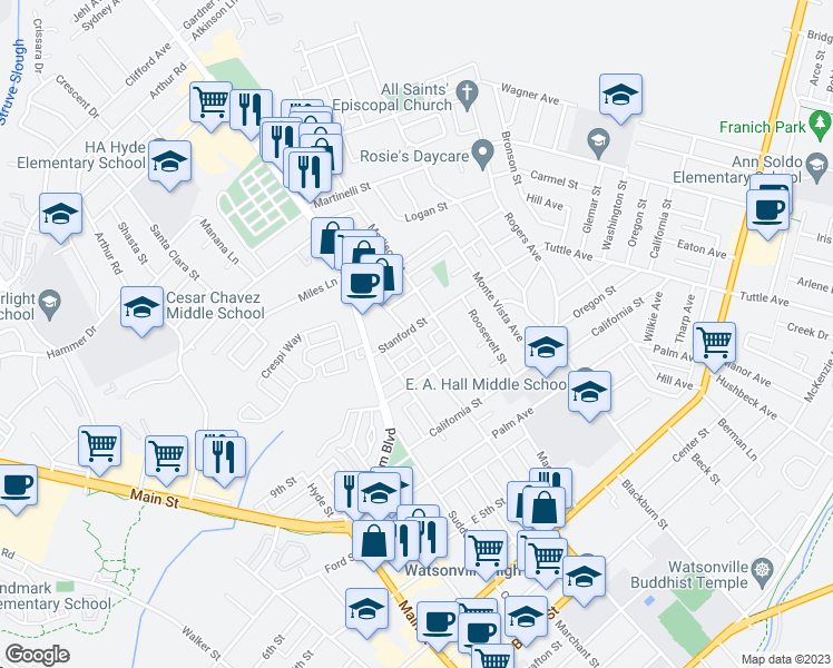 map of restaurants, bars, coffee shops, grocery stores, and more near 102 Stanford Street in Watsonville