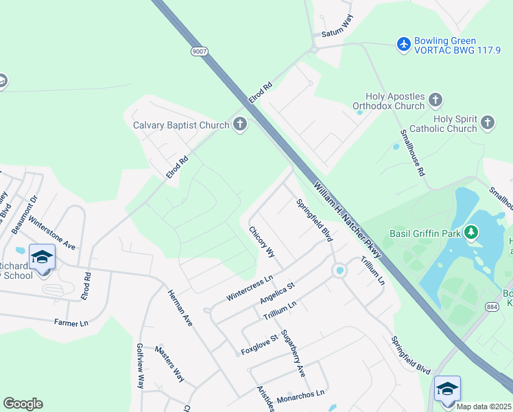 map of restaurants, bars, coffee shops, grocery stores, and more near 1203 Chicory Way in Bowling Green