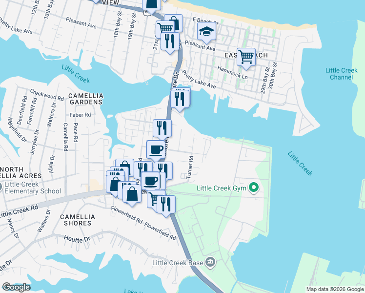 map of restaurants, bars, coffee shops, grocery stores, and more near 8104 Wisteria Place in Norfolk