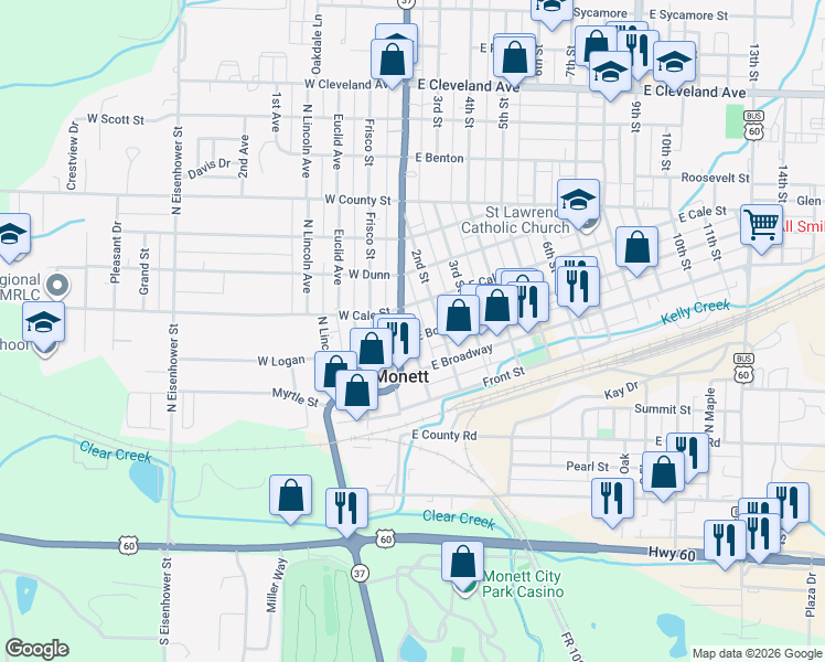 map of restaurants, bars, coffee shops, grocery stores, and more near 100-150 East Bond Street in Monett