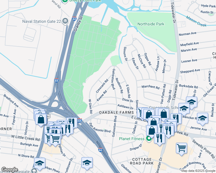 map of restaurants, bars, coffee shops, grocery stores, and more near 8021 Keene Road in Norfolk