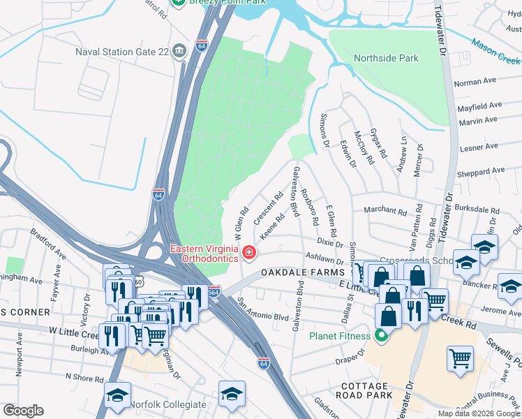 map of restaurants, bars, coffee shops, grocery stores, and more near 8019 Crescent Road in Norfolk