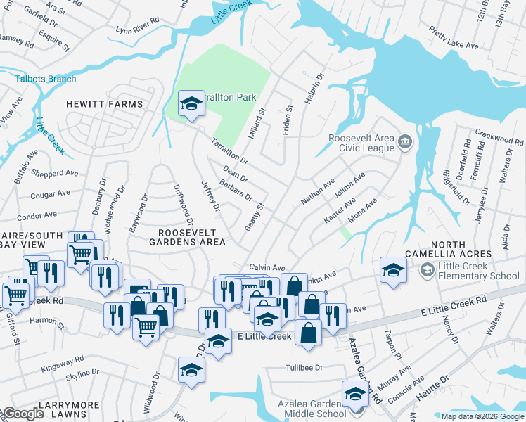 map of restaurants, bars, coffee shops, grocery stores, and more near 8200 Halprin Drive in Norfolk