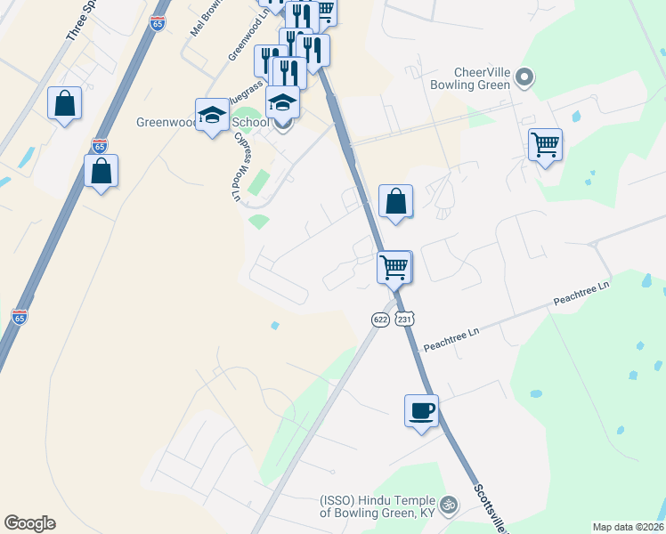 map of restaurants, bars, coffee shops, grocery stores, and more near 5421 Scottsville Road in Bowling Green