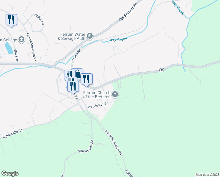 map of restaurants, bars, coffee shops, grocery stores, and more near 55 Old Craft Shop Road in Ferrum