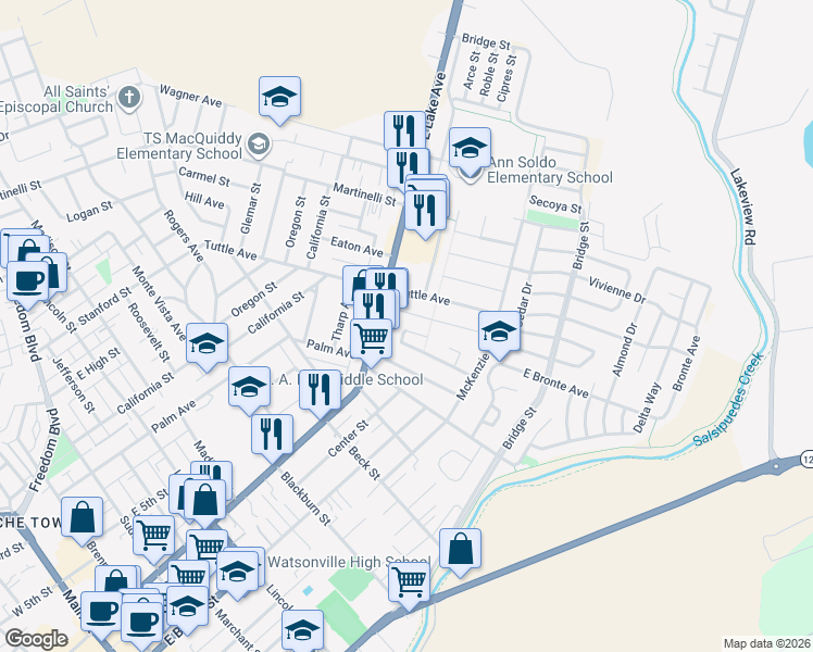 map of restaurants, bars, coffee shops, grocery stores, and more near 149 Brentwood Drive in Watsonville