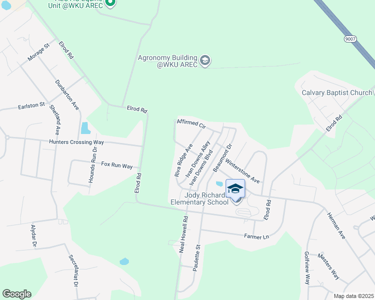 map of restaurants, bars, coffee shops, grocery stores, and more near Affirmed Circle in Bowling Green