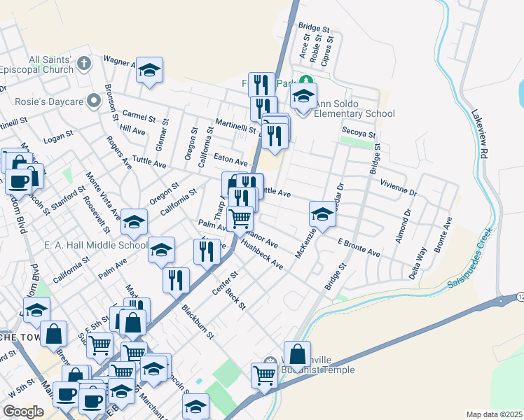map of restaurants, bars, coffee shops, grocery stores, and more near 149 Brentwood Drive in Watsonville