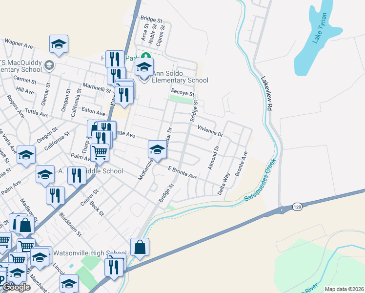 map of restaurants, bars, coffee shops, grocery stores, and more near 498 Spruce Circle in Watsonville