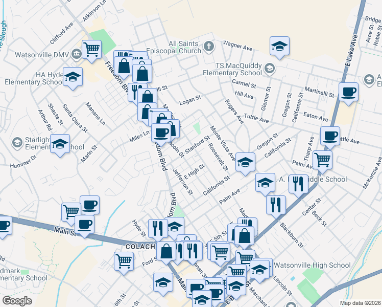 map of restaurants, bars, coffee shops, grocery stores, and more near 417 Madison Street in Watsonville