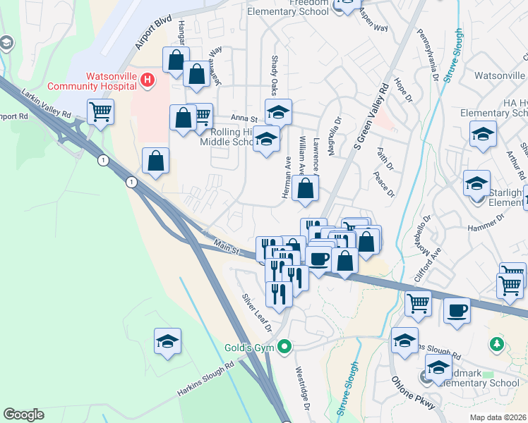 map of restaurants, bars, coffee shops, grocery stores, and more near 15 Eileen Street in Watsonville
