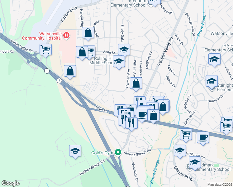 map of restaurants, bars, coffee shops, grocery stores, and more near 15 Eileen Street in Watsonville