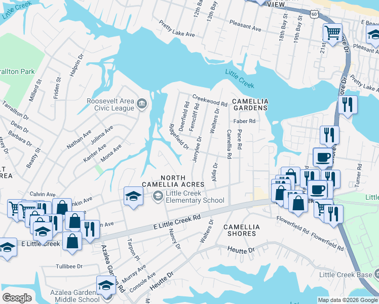 map of restaurants, bars, coffee shops, grocery stores, and more near 8041 Jerrylee Court in Norfolk