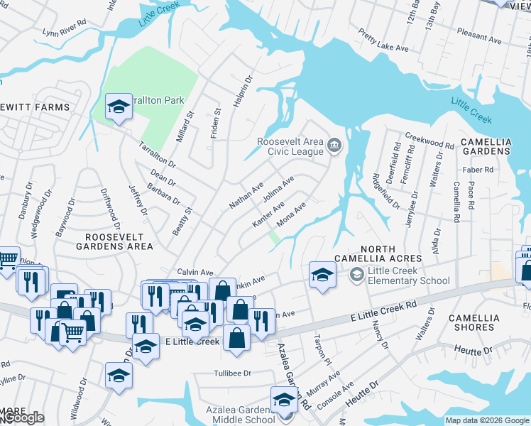 map of restaurants, bars, coffee shops, grocery stores, and more near 8305 Mona Avenue in Norfolk
