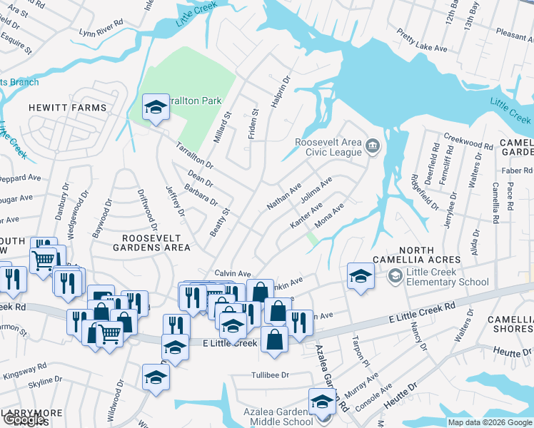 map of restaurants, bars, coffee shops, grocery stores, and more near 8209 Jolima Avenue in Norfolk