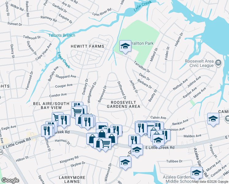 map of restaurants, bars, coffee shops, grocery stores, and more near 1847 Dellwood Drive in Norfolk