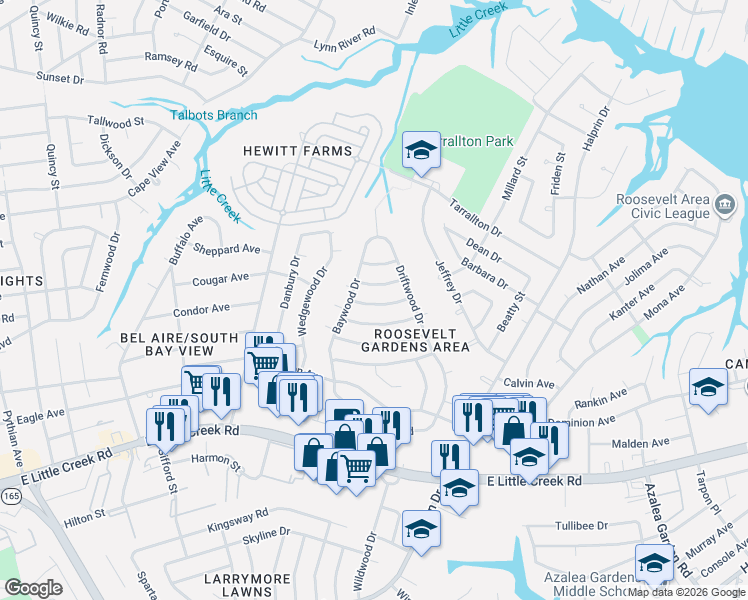 map of restaurants, bars, coffee shops, grocery stores, and more near 1811 Dellwood Drive in Norfolk