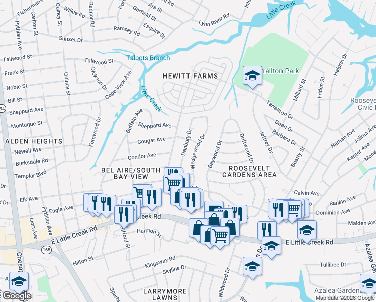 map of restaurants, bars, coffee shops, grocery stores, and more near 8057 Wedgewood Drive in Norfolk