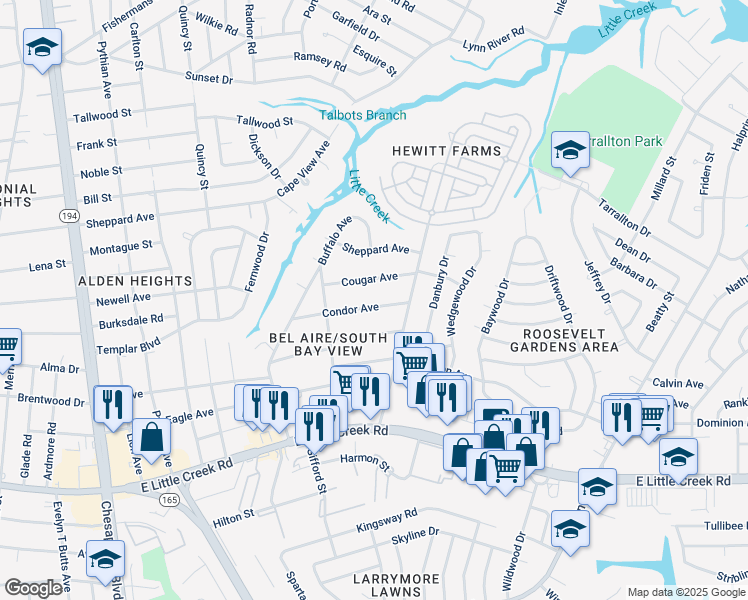 map of restaurants, bars, coffee shops, grocery stores, and more near 1645 Condor Avenue in Norfolk
