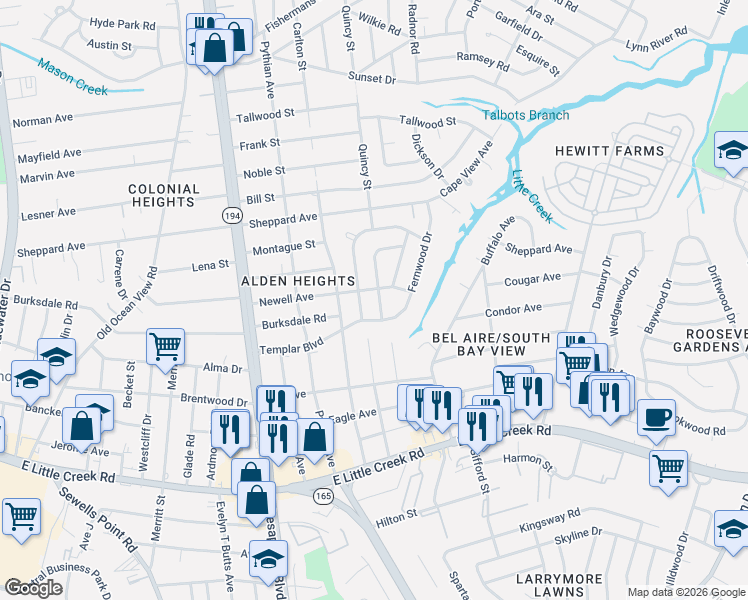 map of restaurants, bars, coffee shops, grocery stores, and more near 8204 Redwood Circle in Norfolk