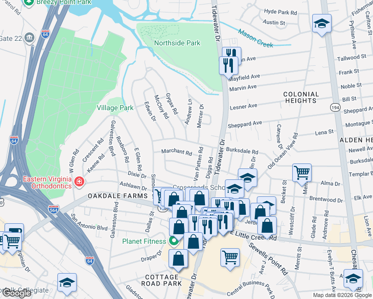 map of restaurants, bars, coffee shops, grocery stores, and more near 560 Marchant Road in Norfolk